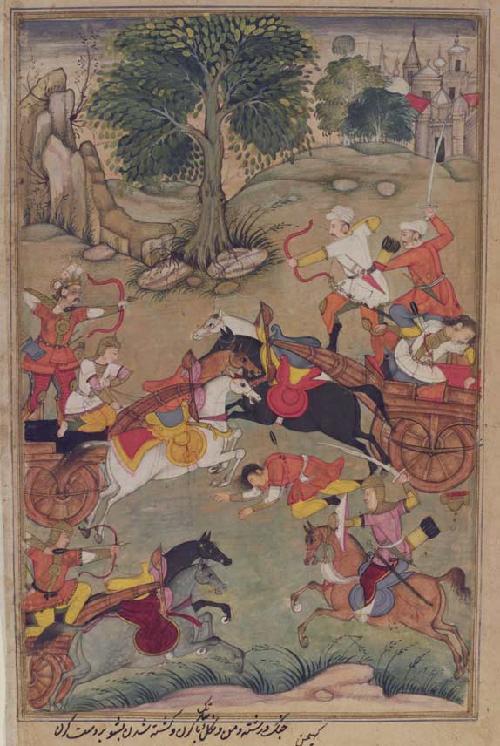 Karna Slays the Kaikeya Prince Vishoka, ca. 1598–99, opaque watercolor, ink, and gold on paper, the Free Library of Philadelphia, Rare Book Department, John Frederick Lewis Collection